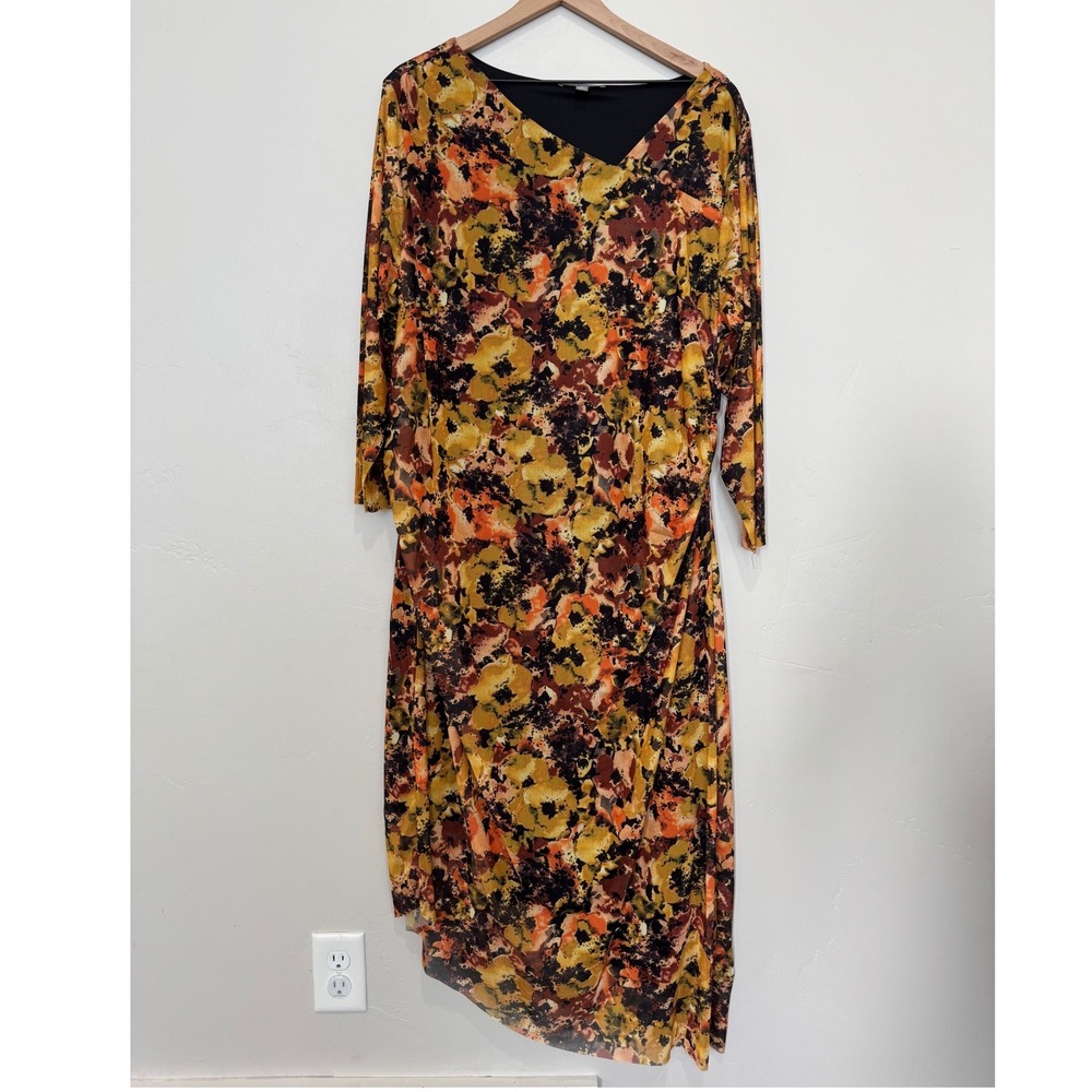 Kate & Mallory Asymmetrical Mesh Floral Dress Orange Yellow Size 2X Fall Boho